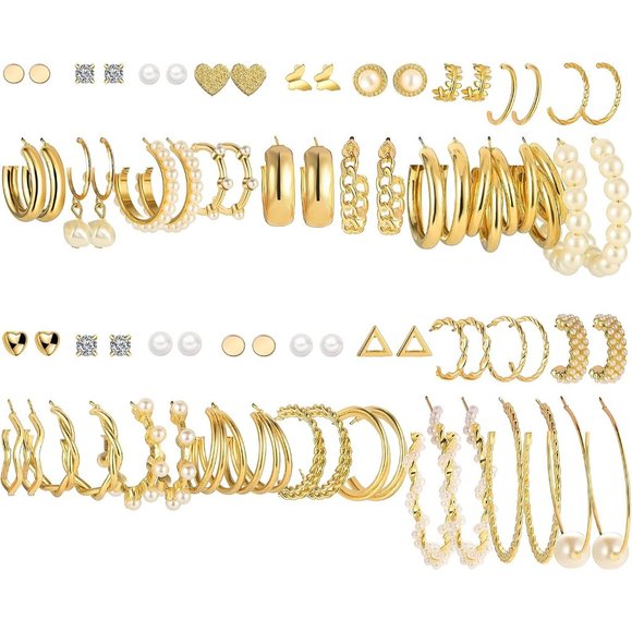 Women Gold 36 Pairs Pearl Chain Link Stud Drop Dangle Earrings Set - Picture 1 of 6